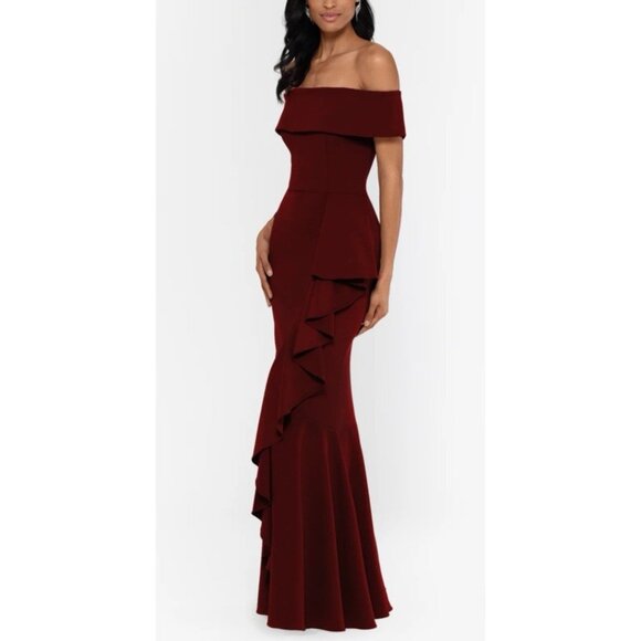 Betsy & Adam 6P Carina Long Maroon Ruffle Off the Shoulder Formal Ballgown NEW - Picture 3 of 11